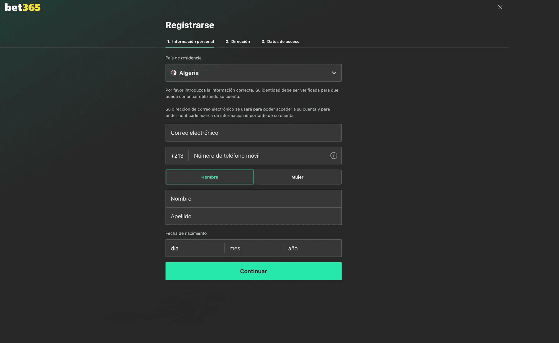 Registro en Bet365
