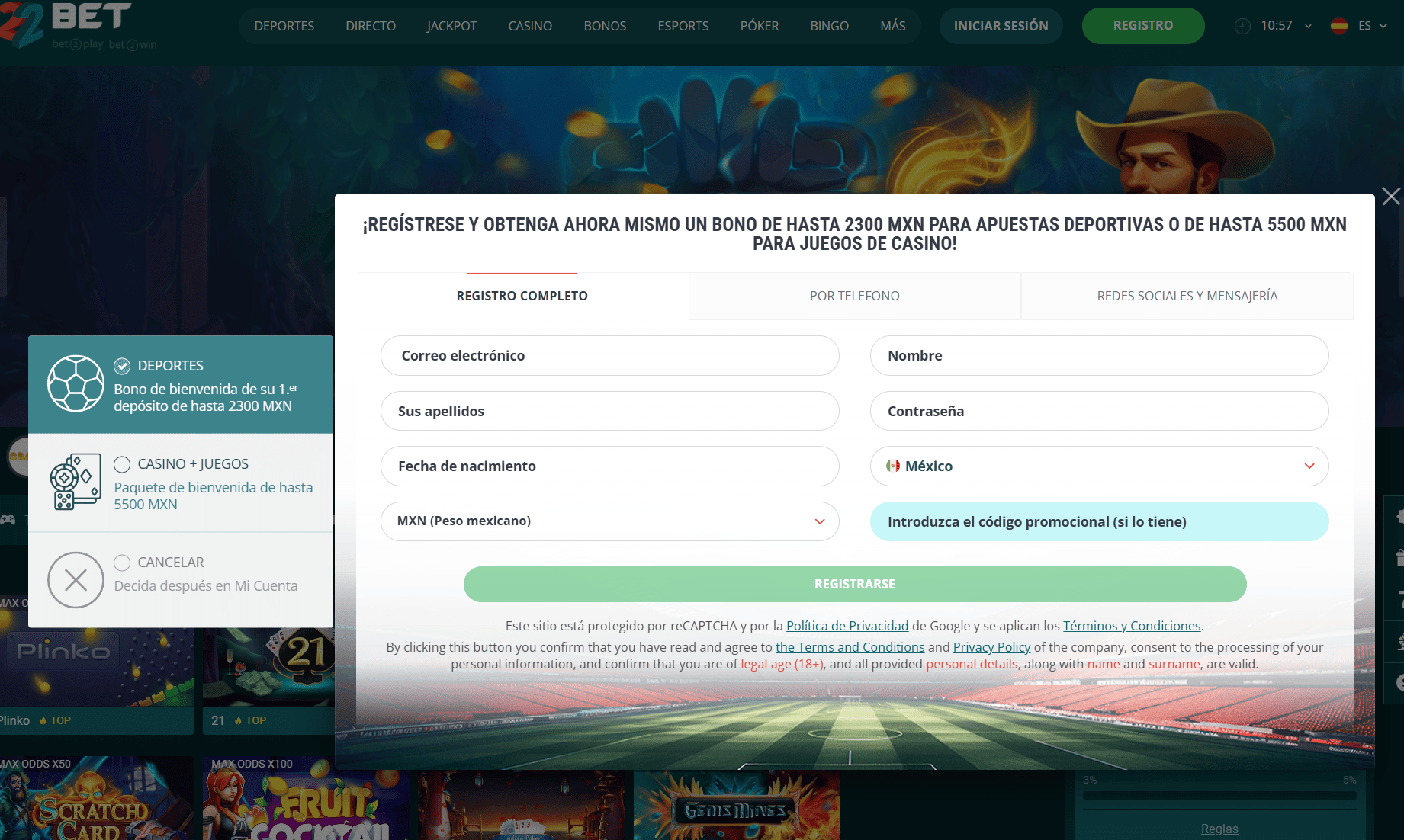 Cómo completar el registro paso a paso en 22Bet casino